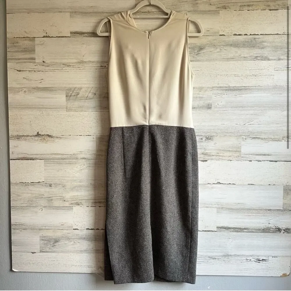 Escada‎ Classic Silk Tweed Shift Midi Dress Side Slit Sz 8 Beige Grey